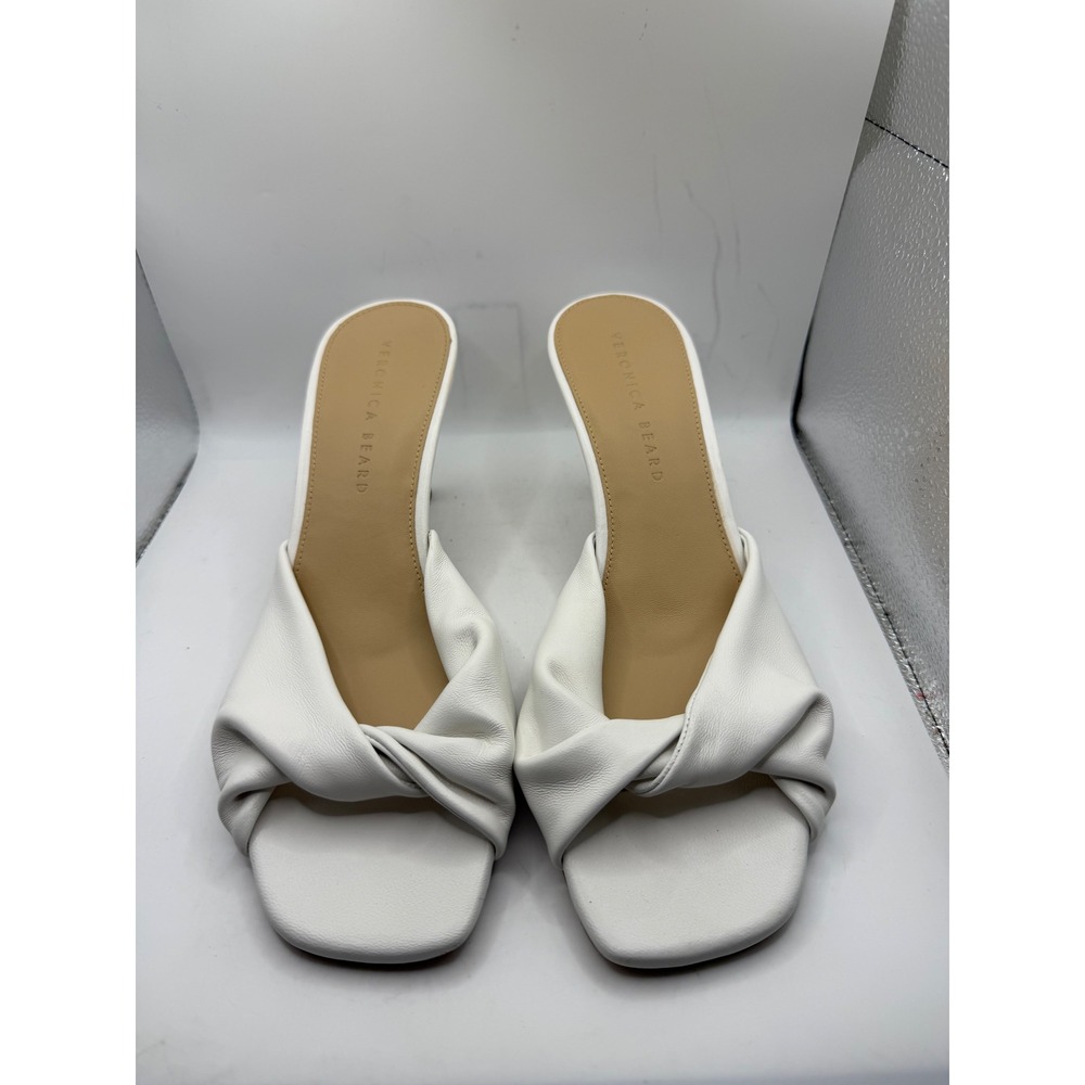 Veronica Beard White Leather Twisted Knot Mule Sandals Square Toe Stiletto 8.5M
